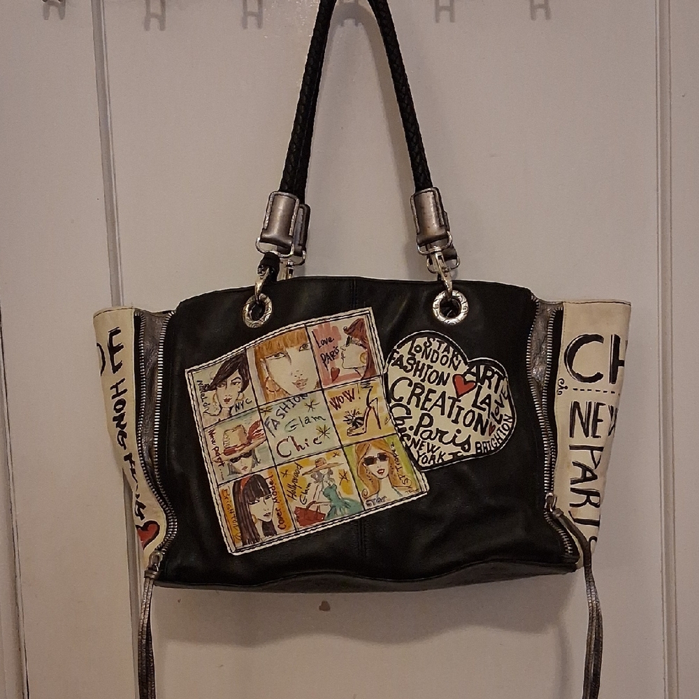 Large Black & Cream Brighton Collection Fashionista Shoulder Bag w Art Graphics